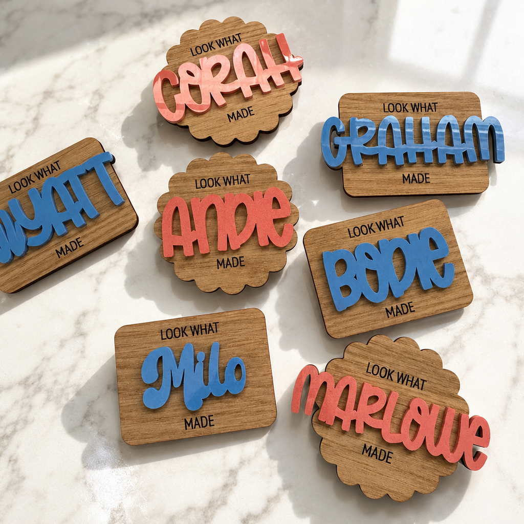 Custom Name Magnet – 3” Wood Like  & Acrylic Personalized Kids Artwork Magnet