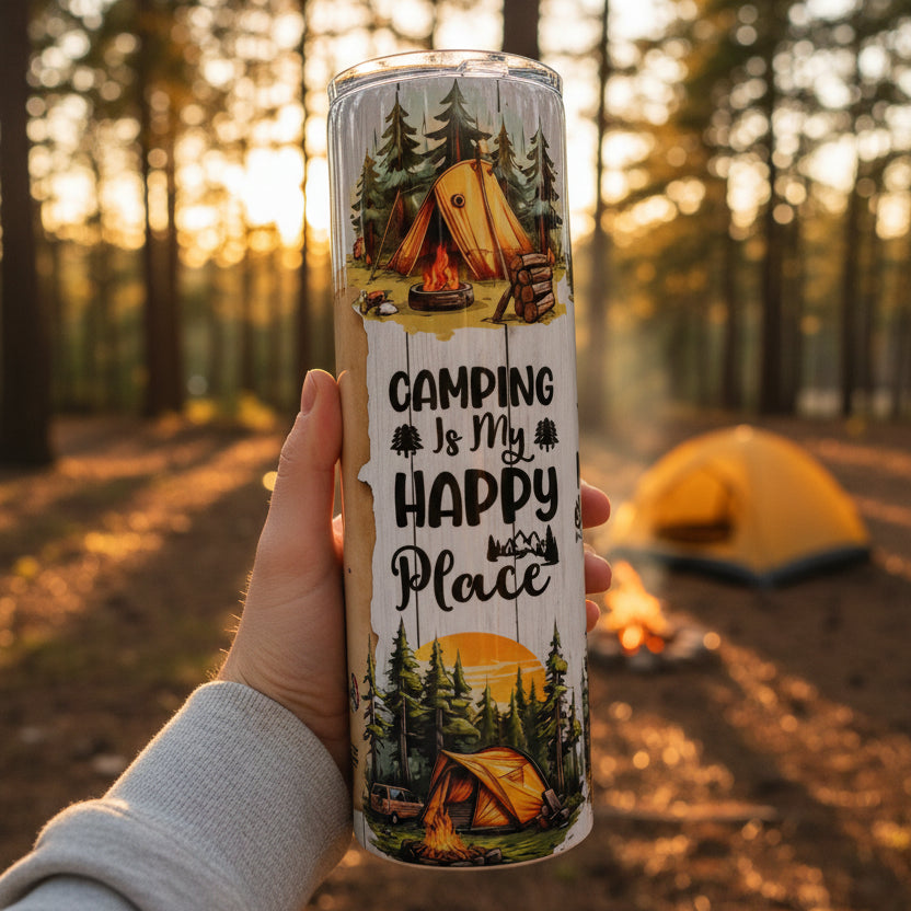 Tumbler with camping design and text 'Camping is my happy place' on a fluffy white surface.