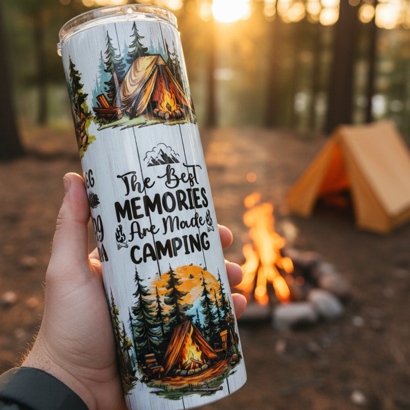 Tumbler with camping design and text on a fluffy white surface