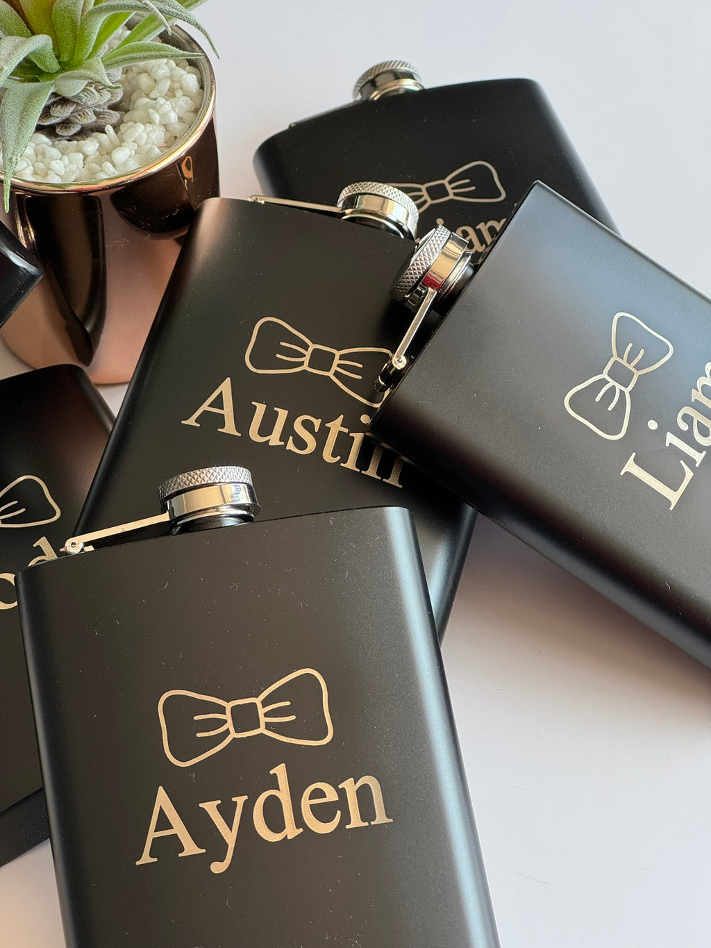 8 oz Black Stainless Steel Laser‑Engraved Flask Set