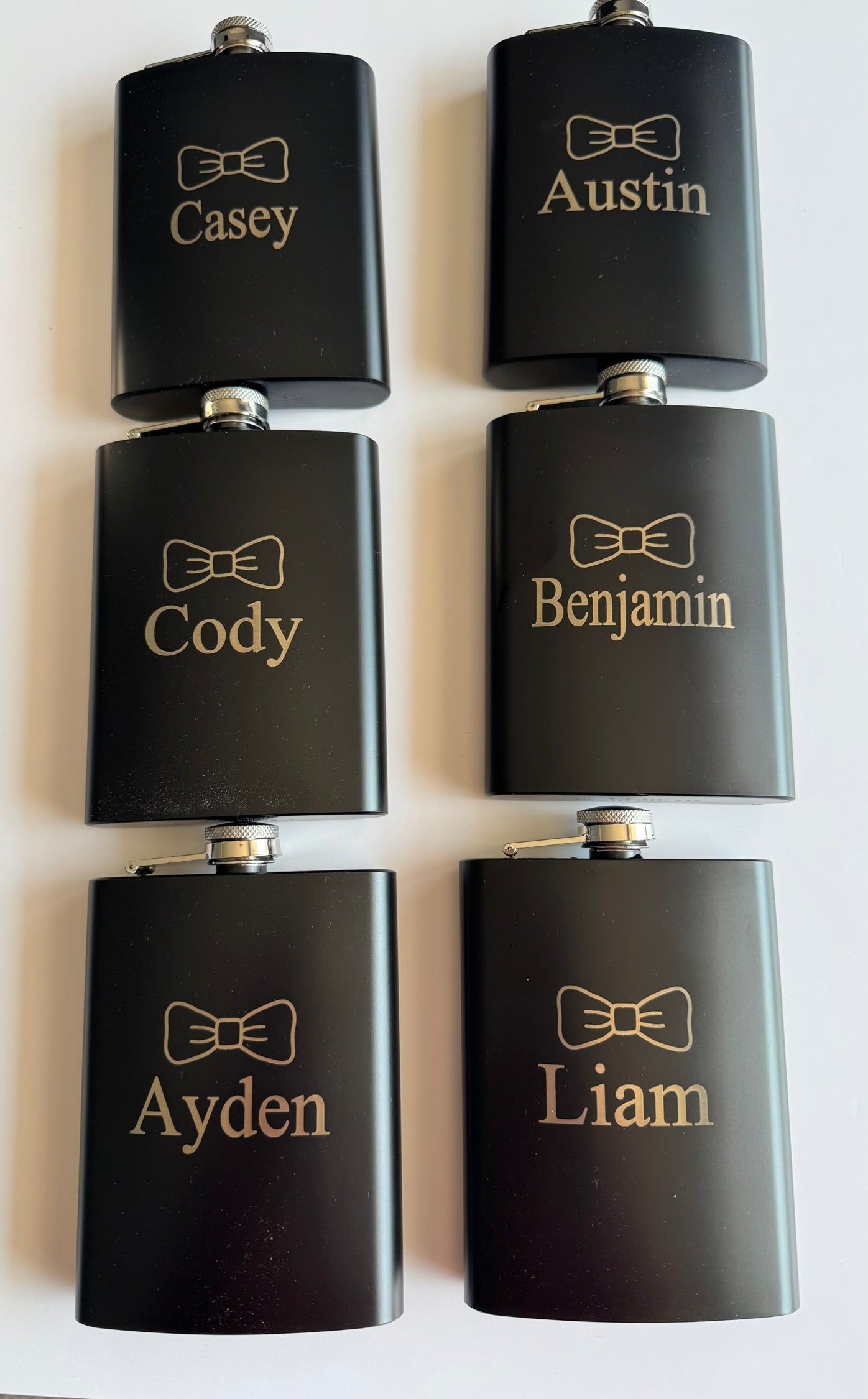 8 oz Black Stainless Steel Laser‑Engraved Flask Set