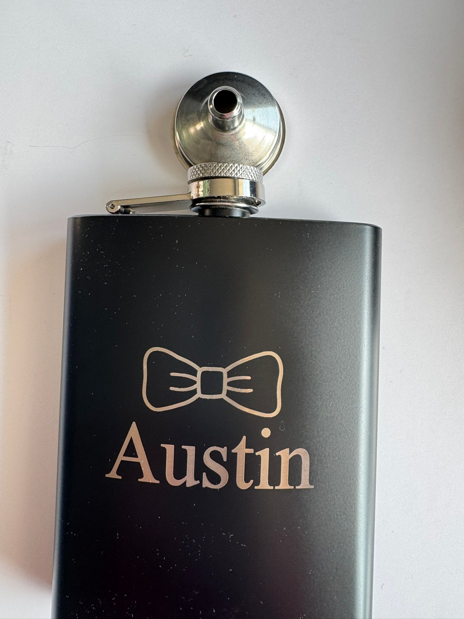 8 oz Black Stainless Steel Laser‑Engraved Flask Set