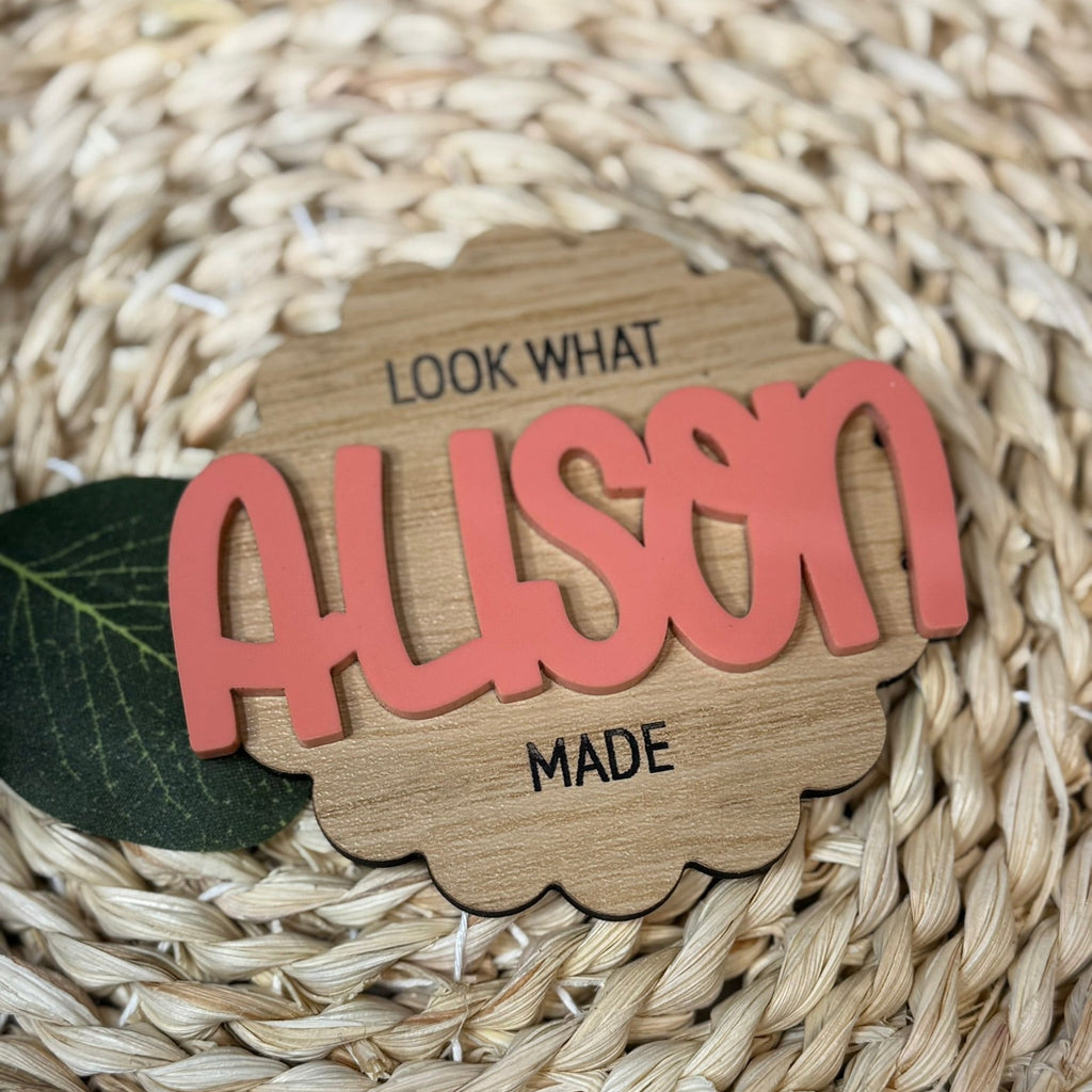 Custom Name Magnet – 3” Wood Like  & Acrylic Personalized Kids Artwork Magnet