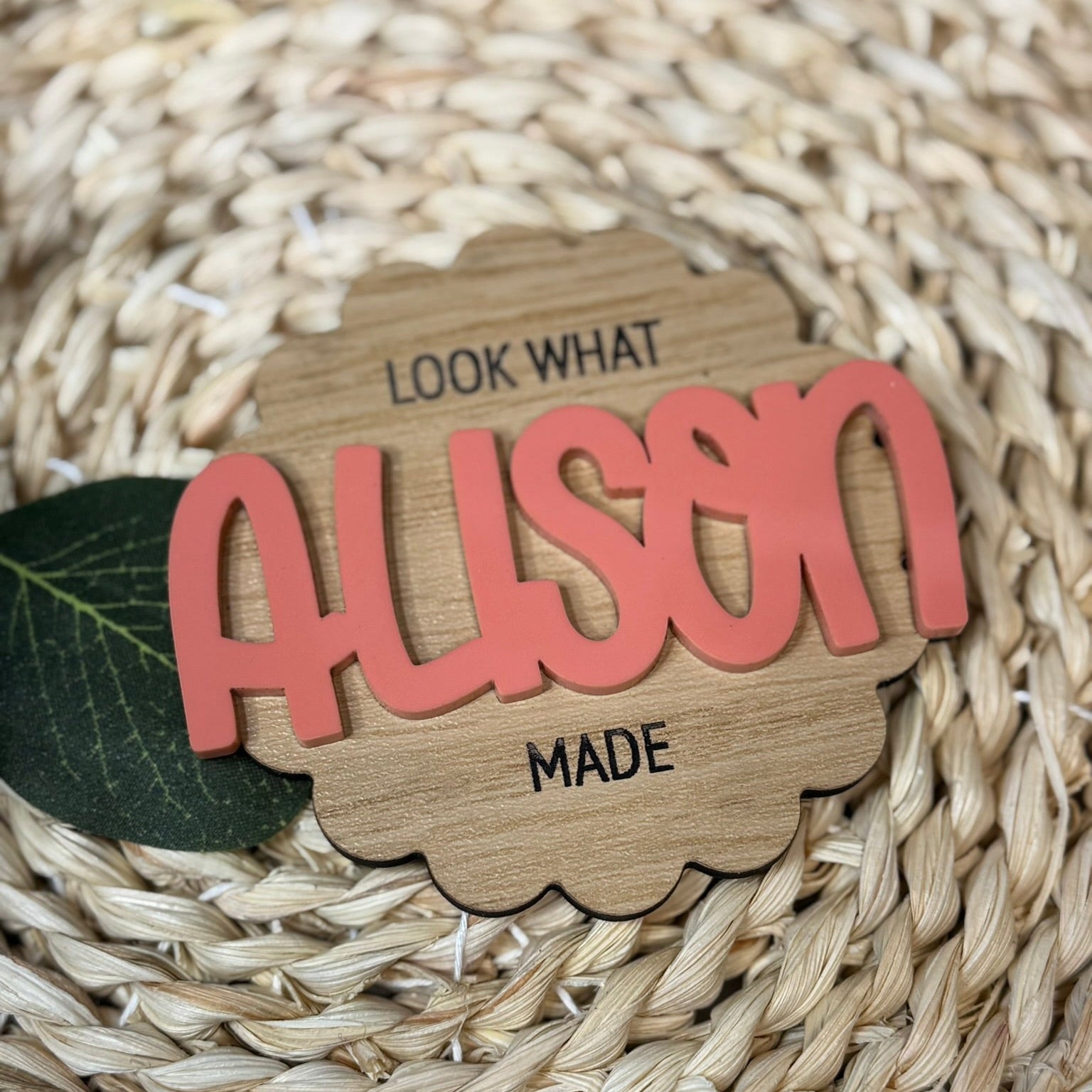 Custom Name Magnet – 3” Wood Like  & Acrylic Personalized Kids Artwork Magnet