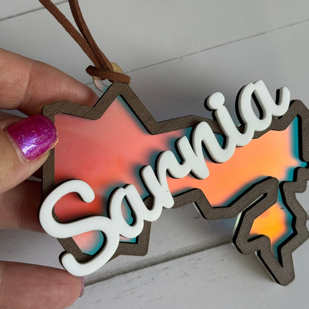 Sarnia Ornament – Iridescent Blue Acrylic + Walnut