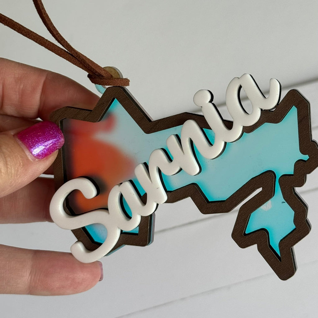 Sarnia Ornament – Iridescent Blue Acrylic + Walnut