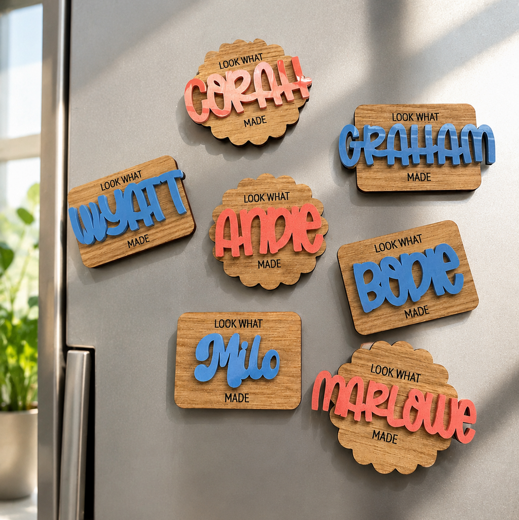 Custom Name Magnet – 3” Wood Like  & Acrylic Personalized Kids Artwork Magnet